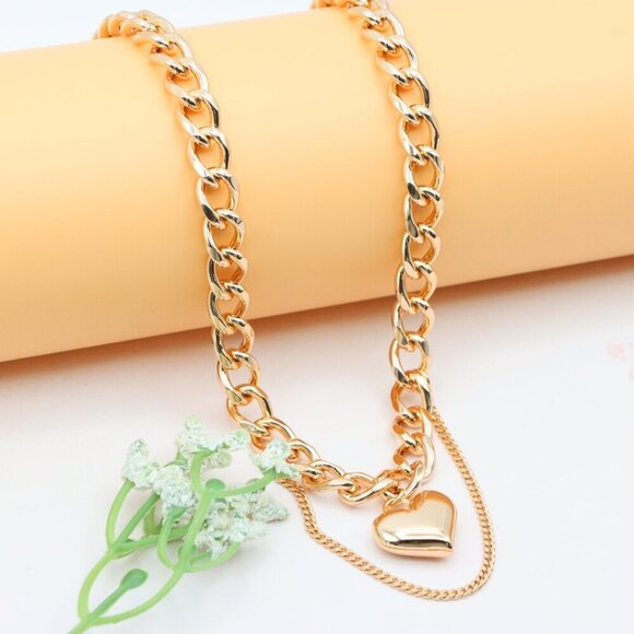 Chunky Yellow Gold Chain Necklace with Heart , XPNL0300 - Picture 10 of 12